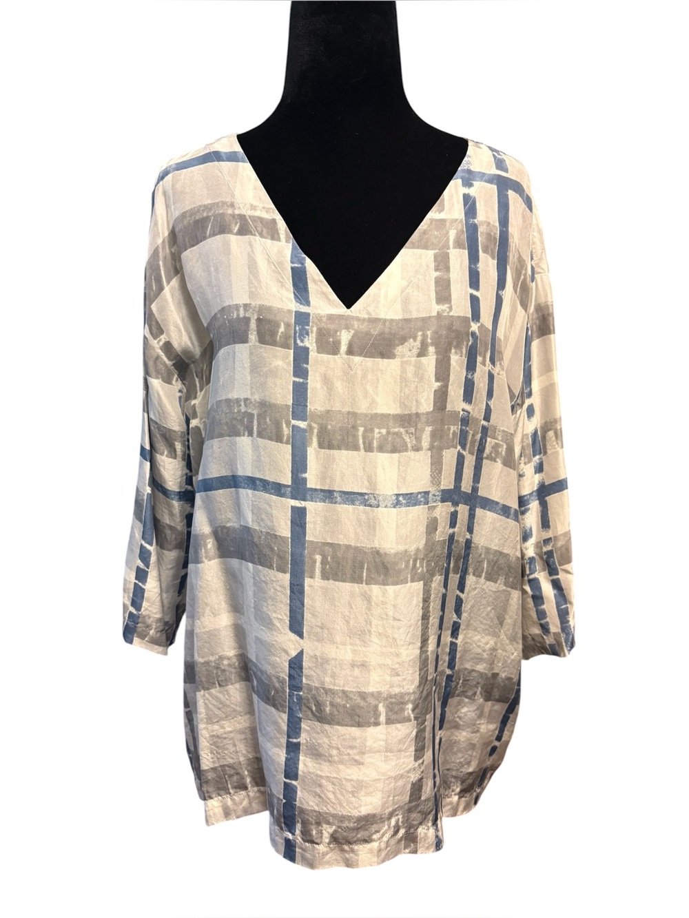 Eileen Fisher Blue Gray 100% Silk Top Geometric medium
